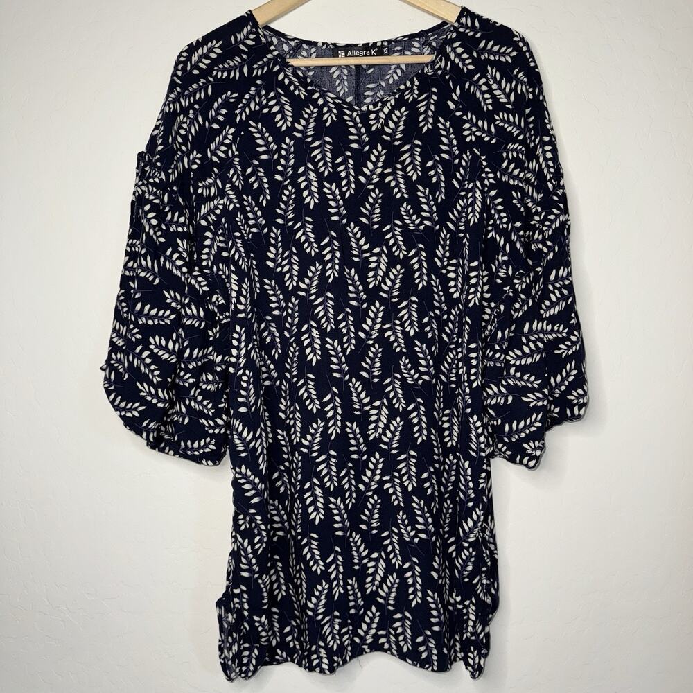Allegra K Women's Floral Navy Blue Short Puff Sleeve Oversized Blouse Size XS